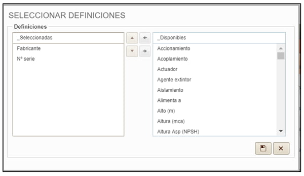 Imagen 2.5. Definiciones Disponibles por Activo