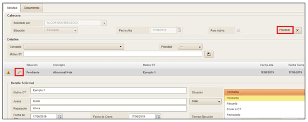 Imagen 3.11. Modificación de la situación de una Solicitud de OT